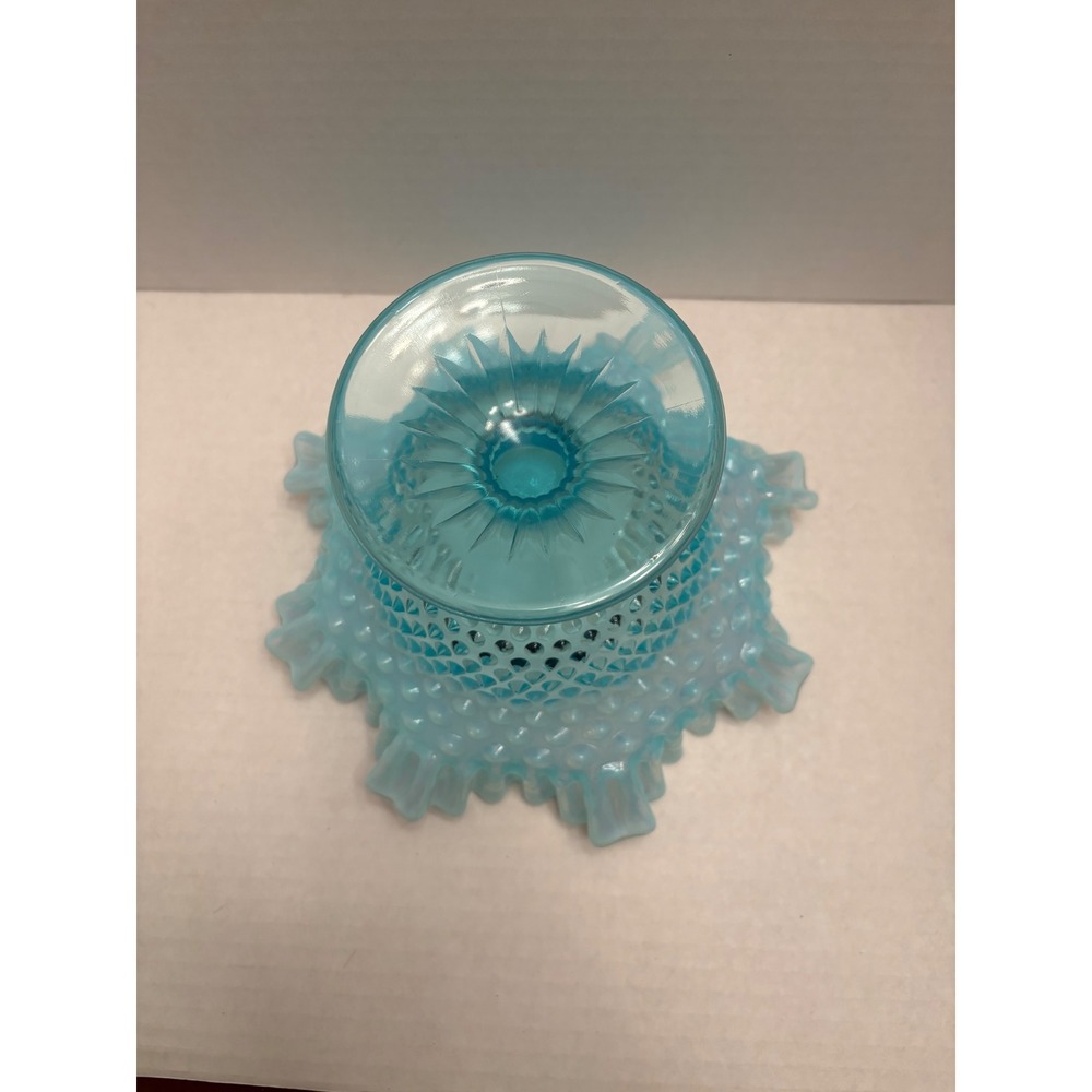Fenton Blue Opalescent Hobnail Glass Ruffled Compote Pedestal Candy Dish 8" - Picture 4 of 6